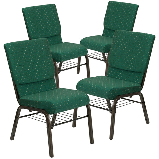 4 Pk. HERCULES Series 18.5''W Green Patterned Fabric Church Chair with 4.25'' Thick Seat, Book Rack - Gold Vein Frame