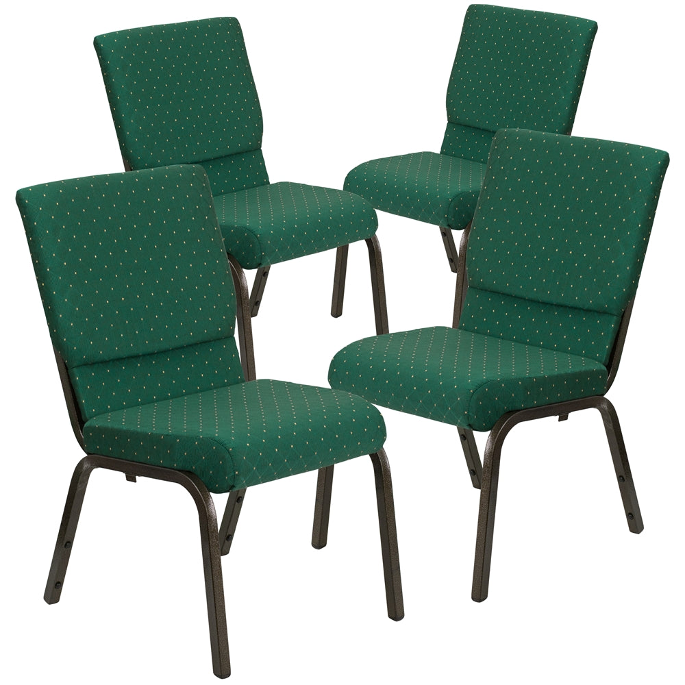 4 Pk. HERCULES Series 18.5''W Green Patterned Fabric Stacking Church Chair with 4.25'' Thick Seat - Gold Vein Frame