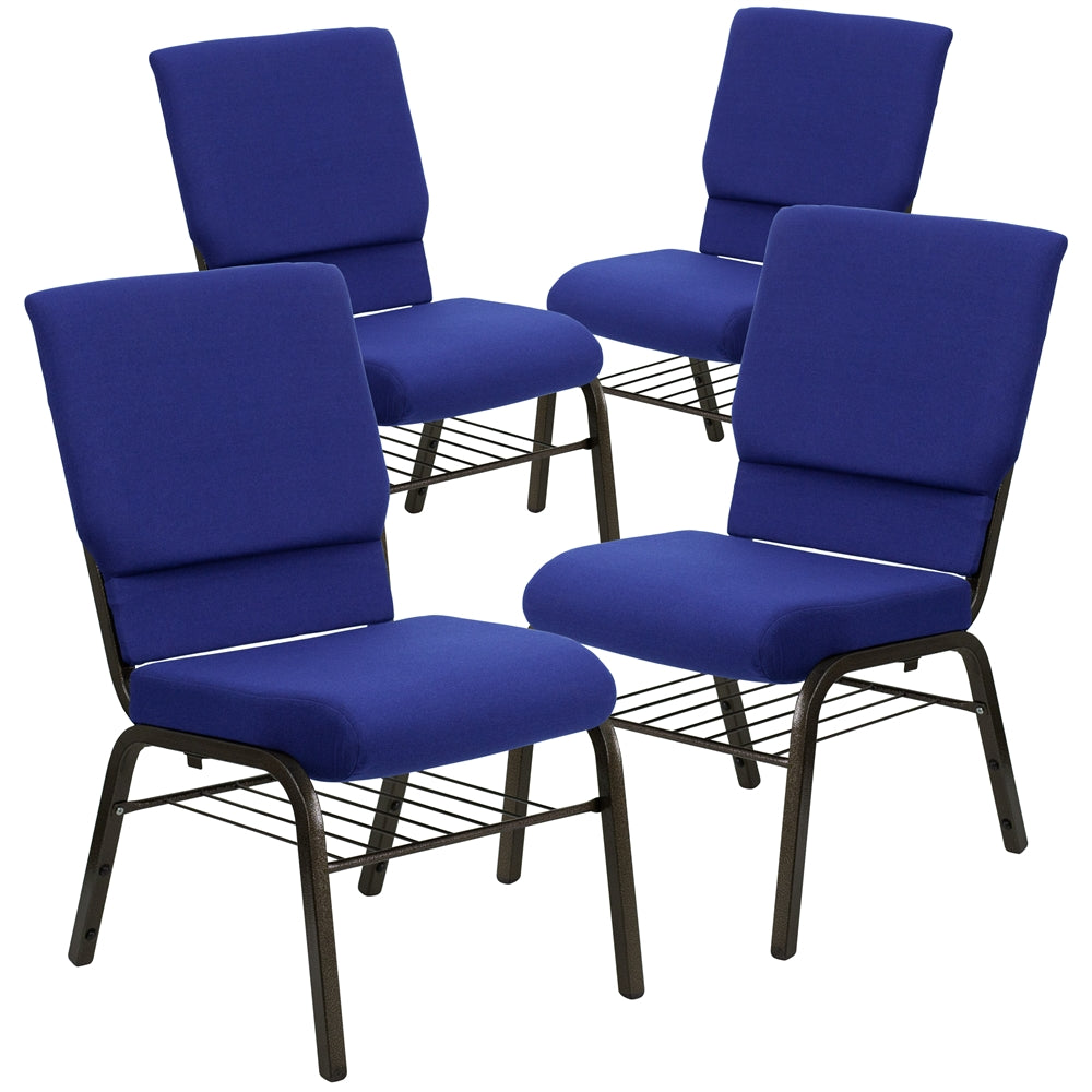 4 Pk. HERCULES Series 18.5''W Navy Blue Fabric Church Chair with 4.25'' Thick Seat, Book Rack - Gold Vein Frame