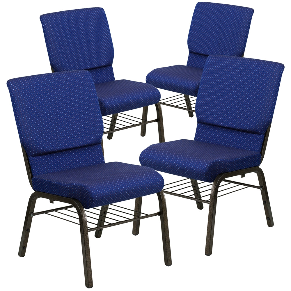 4 Pk. HERCULES Series 18.5''W Navy Blue Patterned Fabric Church Chair with 4.25'' Thick Seat, Book Rack - Gold Vein Frame