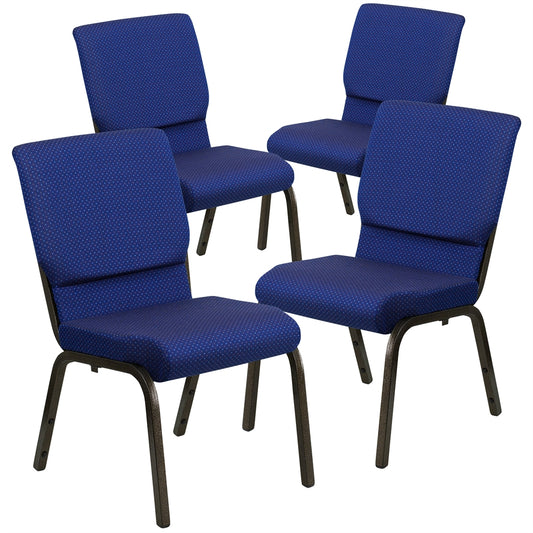 4 Pk. HERCULES Series 18.5''W Navy Blue Patterned Fabric Stacking Church Chair with 4.25'' Thick Seat - Gold Vein Frame