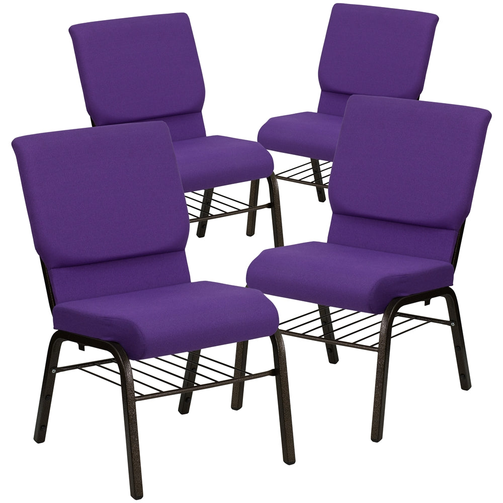 4 Pk. HERCULES Series 18.5''W Purple Fabric Church Chair with 4.25'' Thick Seat, Book Rack - Gold Vein Frame