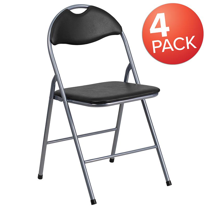 4 Pk. HERCULES Series Black Vinyl Metal Folding Chair with Carrying Handle