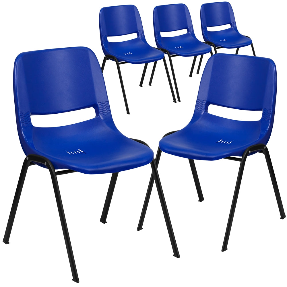 5 Pk. HERCULES Series 440 lb. Capacity Navy Ergonomic Shell Stack Chair with Black Frame and 12'' Seat Height