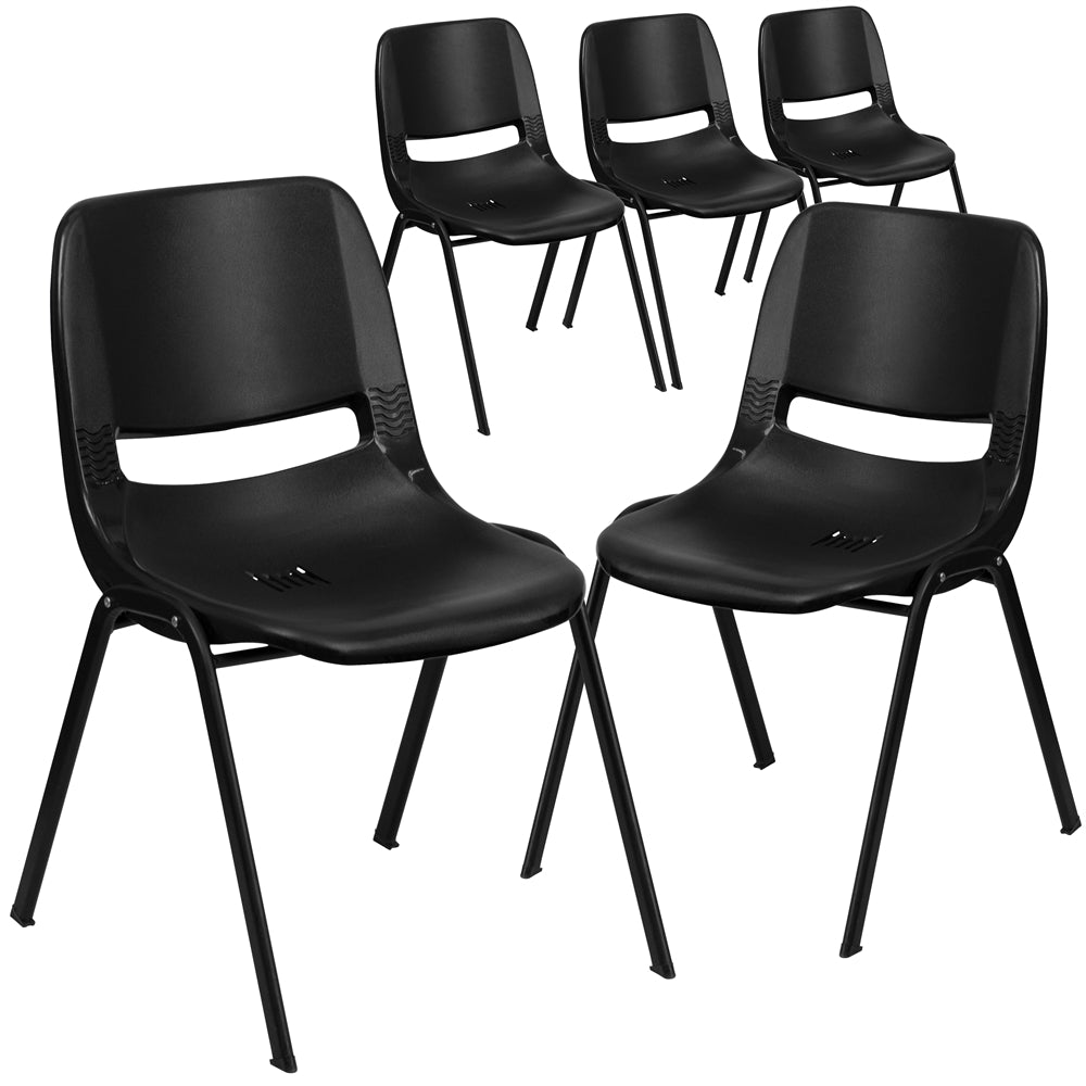 5 Pk. HERCULES Series 440 lb. Capacity Black Ergonomic Shell Stack Chair with Black Frame and 12'' Seat Height