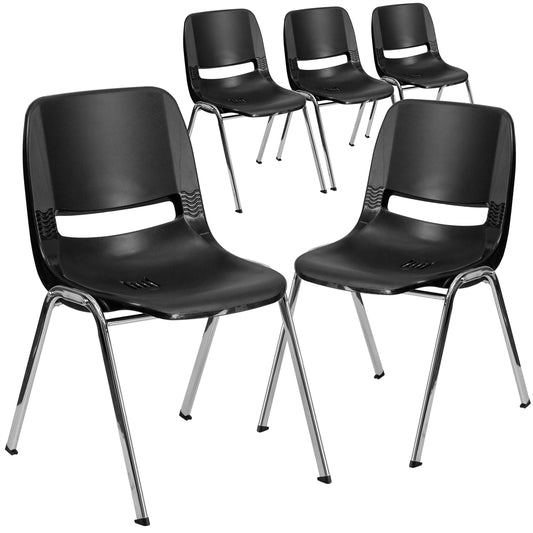 5 Pk. HERCULES Series 440 lb. Capacity Black Ergonomic Shell Stack Chair with Chrome Frame and 14'' Seat Height