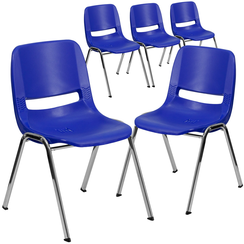 5 Pk. HERCULES Series 440 lb. Capacity Navy Ergonomic Shell Stack Chair with Chrome Frame and 14'' Seat Height