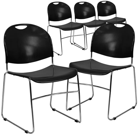 5 Pk. HERCULES Series 880 lb. Capacity Black Ultra Compact Stack Chair with Chrome Frame