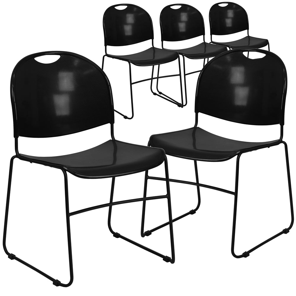 5 Pk. HERCULES Series 880 lb. Capacity Black Ultra Compact Stack Chair with Black Frame