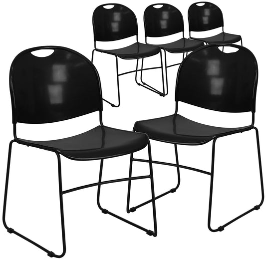 5 Pk. HERCULES Series 880 lb. Capacity Black Ultra Compact Stack Chair with Black Frame