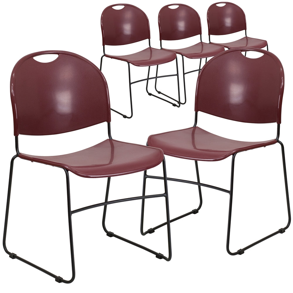 5 Pk. HERCULES Series 880 lb. Capacity Burgundy Ultra Compact Stack Chair with Black Frame