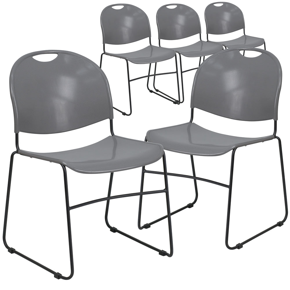 5 Pk. HERCULES Series 880 lb. Capacity Gray Ultra Compact Stack Chair with Black Frame