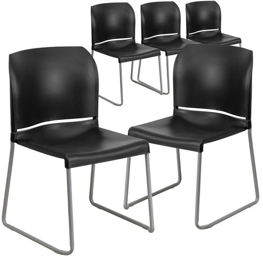 5 Pk. HERCULES Series 880 lb. Capacity Black Full Back Contoured Stack Chair with Sled Base