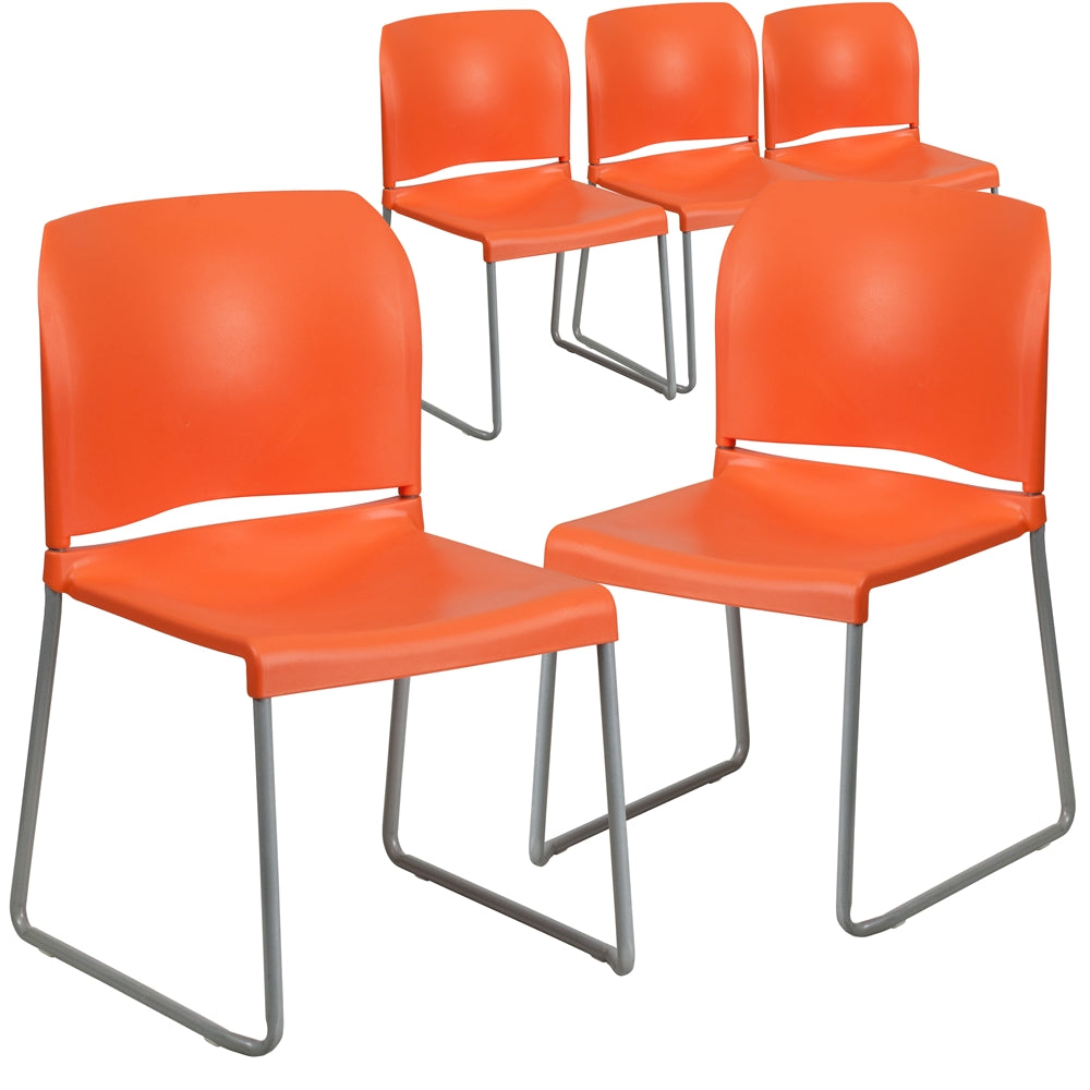 5 Pk. HERCULES Series 880 lb. Capacity Orange Full Back Contoured Stack Chair with Sled Base