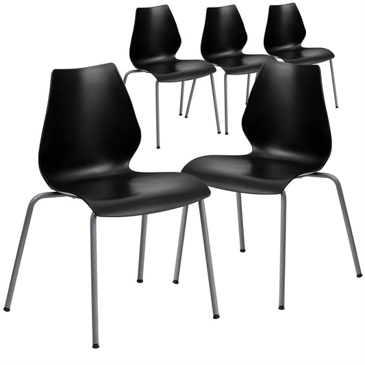 5 Pk. HERCULES Series 770 lb. Capacity Black Stack Chair with Lumbar Support and Silver Frame