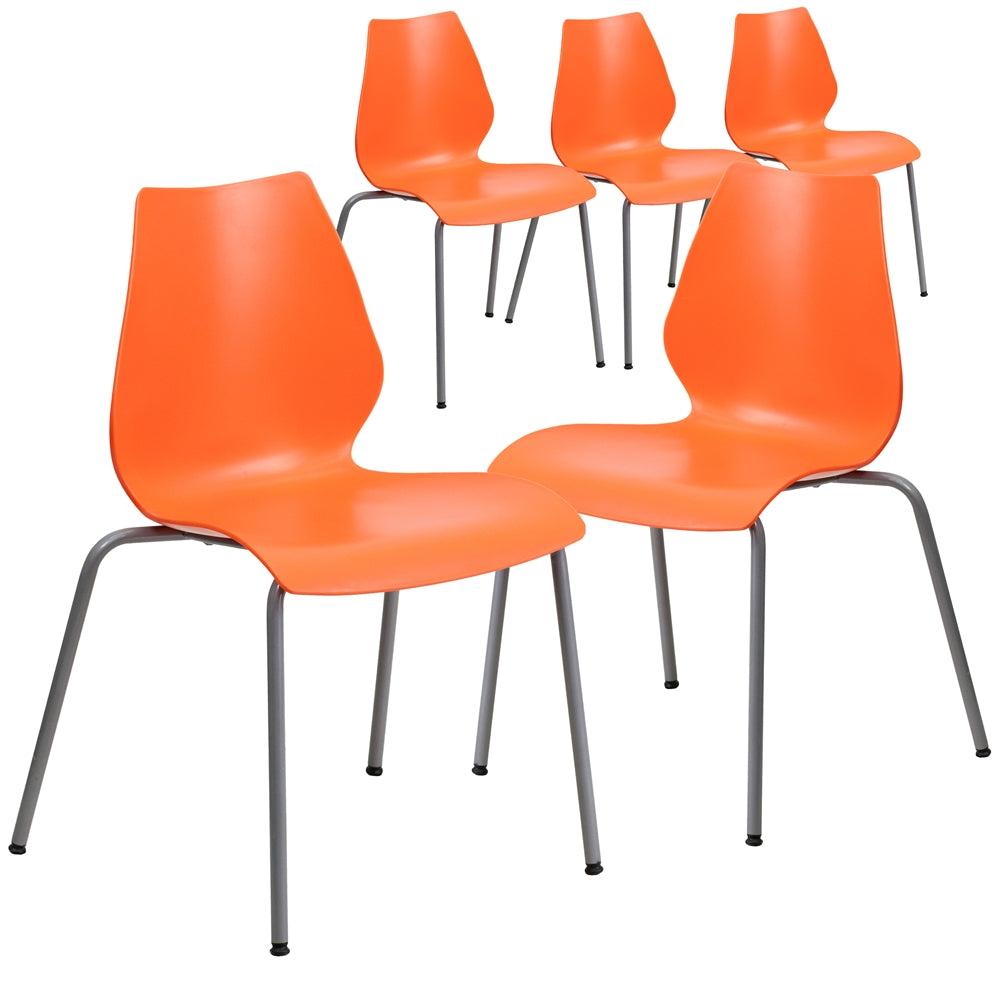 5 Pk. HERCULES Series 770 lb. Capacity Orange Stack Chair with Lumbar Support and Silver Frame