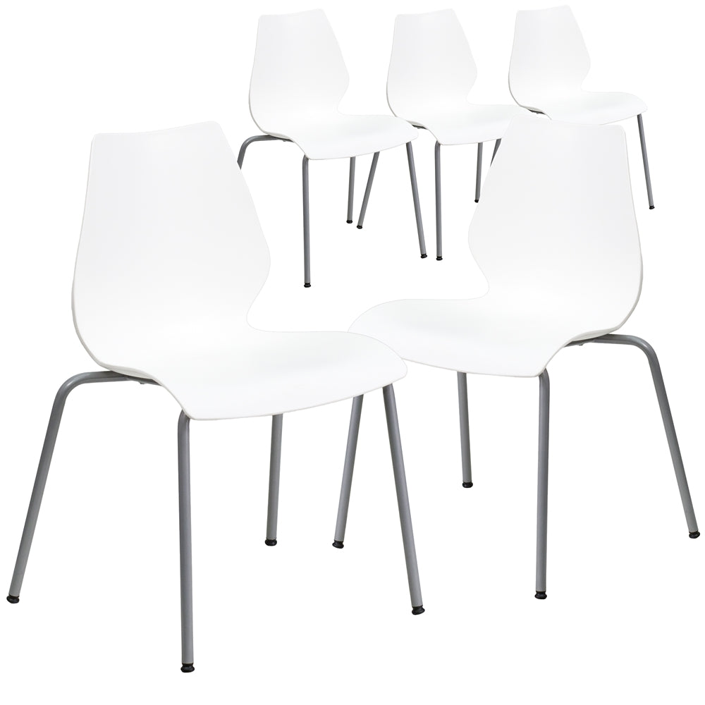 5 Pk. HERCULES Series 770 lb. Capacity White Stack Chair with Lumbar Support and Silver Frame