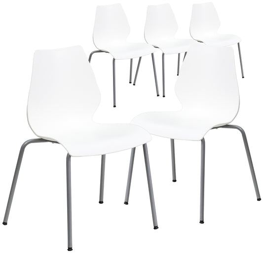 5 Pk. HERCULES Series 770 lb. Capacity White Stack Chair with Lumbar Support and Silver Frame