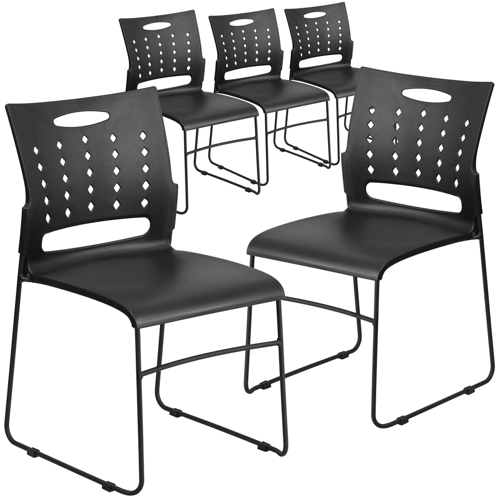 5 Pk. HERCULES Series 881 lb. Capacity Black Sled Base Stack Chair with Air-Vent Back