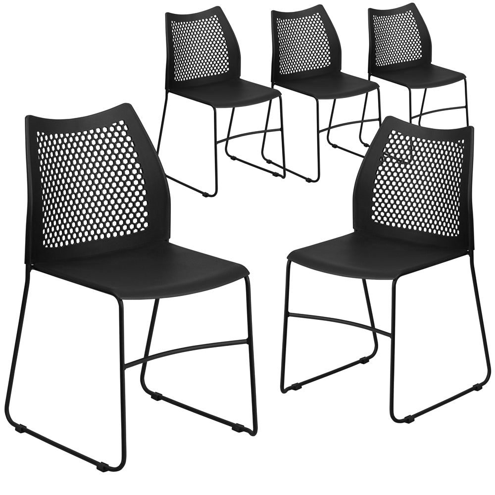 5 Pk. HERCULES Series 661 lb. Capacity Black Sled Base Stack Chair with Air-Vent Back