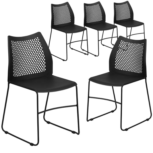 5 Pk. HERCULES Series 661 lb. Capacity Black Sled Base Stack Chair with Air-Vent Back