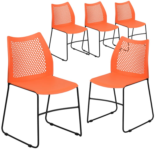 5 Pk. HERCULES Series 661 lb. Capacity Orange Sled Base Stack Chair with Air-Vent Back