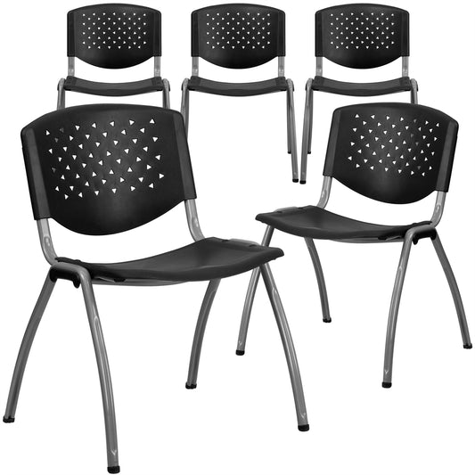 5 Pk. HERCULES Series 880 lb. Capacity Black Plastic Stack Chair with Titanium Frame