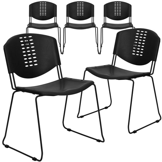 5 Pk. HERCULES Series 400 lb. Capacity Black Plastic Stack Chair with Black Frame