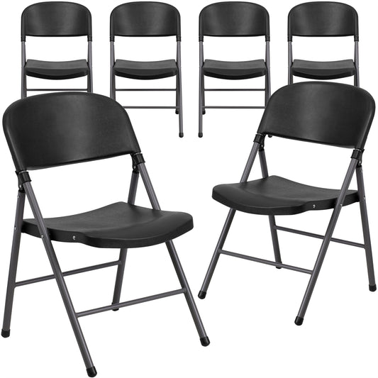 6 Pk. HERCULES Series 330 lb. Capacity Black Plastic Folding Chair with Charcoal Frame