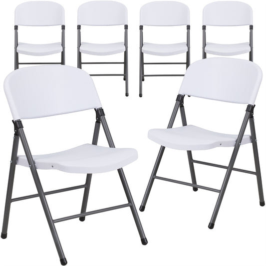 6 Pk. HERCULES Series 330 lb. Capacity White Plastic Folding Chair with Charcoal Frame