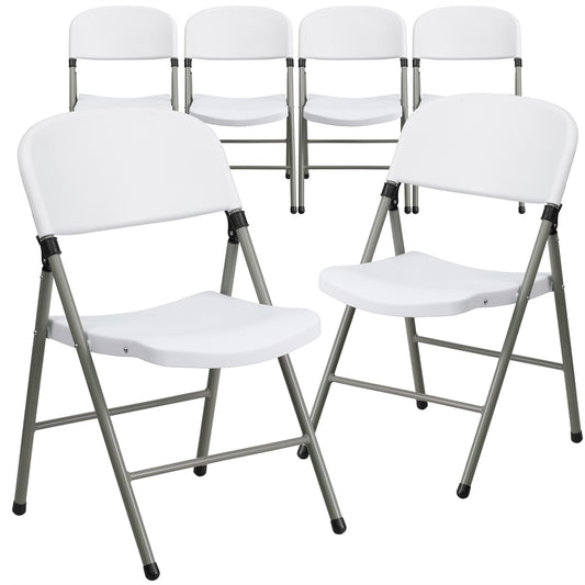 6 Pk. HERCULES Series 330 lb. Capacity White Plastic Folding Chair with Gray Frame