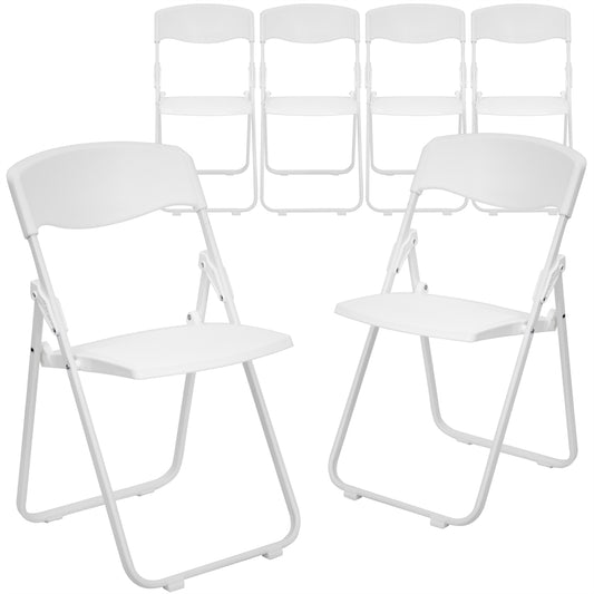 6 Pk. HERCULES Series 880 lb. Capacity Heavy Duty White Plastic Folding Chair with Built-in Ganging Brackets