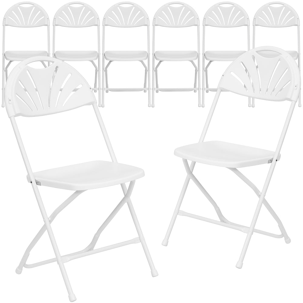 8 Pk. HERCULES Series 800 lb. Capacity White Plastic Fan Back Folding Chair