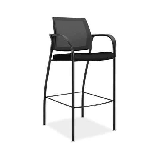 HON Ignition Cafe Height 4-Leg Stool | Fixed Arms | Glides | Black ilira-Stretch Mesh Back | Black Seat Fabric | Black Frame