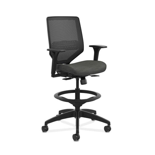 HON Solve Mid-Back Task Stool | Black Knit Mesh Back | Adjustable Arms | Adjustable Lumbar | Black Frame |  Ink Seat Fabric