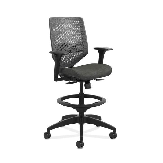 HON Solve Mid-Back Task Stool | Charcoal ReActiv Back | Adjustable Arms | Adjustable Lumbar | Black Frame |  Ink Seat Fabric