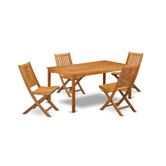 East West Furniture CMDK5CWNA 5-Pc Outdoor Coffee Table Set- 4 Outdoor Folding Chairs Slatted Back and Modern Coffee Table and Rectangle Top with Wood 4 legs - Natural Oil Finish