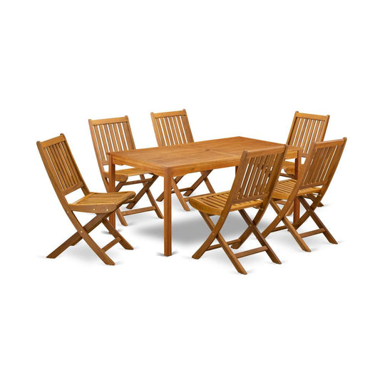 East West Furniture CMDK7CWNA 7-Pc Outdoor Table Set- 6 Patio Chairs Slatted Back and Outdoor Table and Rectangular Top with Wood 4 legs - Natural Oil Finish