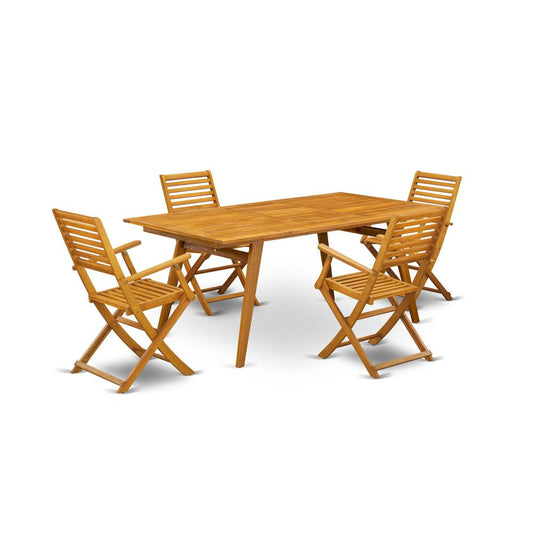 East West Furniture DEBS5CANA 5-Pc Outdoor Dining Table Set- 4 Patio Arm Chairs Ladder Back and Patio Table and Rectangular Top with Wood 4 legs - Natural Oil Finish