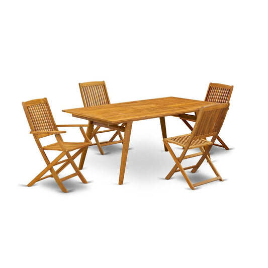 East West Furniture DECM52CANA 5-Piece Outdoor Set- 4 Fordable Chairs with Slatted Back and Modern Coffee Table and Rectangular Top with Wooden 4 legs - Natural Oil Finish