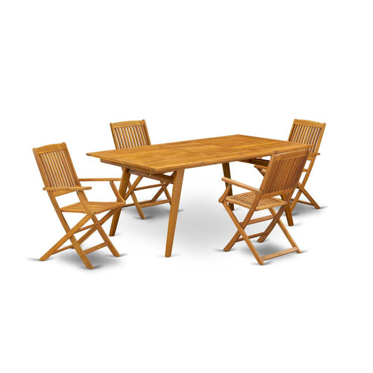 East West Furniture DECM5CANA 5-Piece Outdoor Set- 4 Outdoor Dining Chairs Slatted Back and Small Table and Rectangle Top with Wood 4 legs - Natural Oil Finish