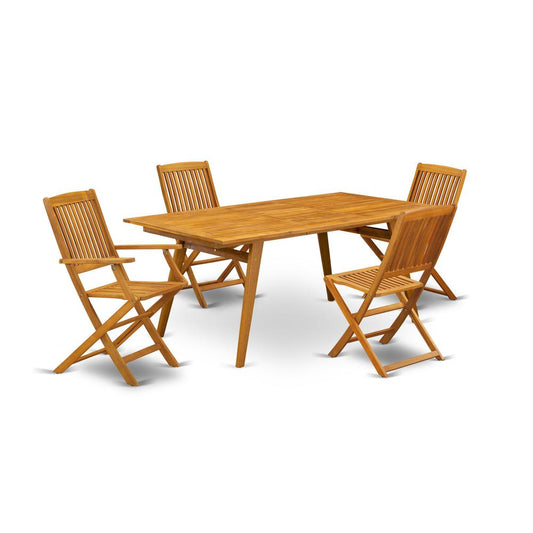 East West Furniture DECM5CWNA 5-Pc Outdoor Dining Set- 4 Patio Chairs Slatted Back and Small Outdoor Table and Rectangular Top with Wood 4 legs - Natural Oil Finish