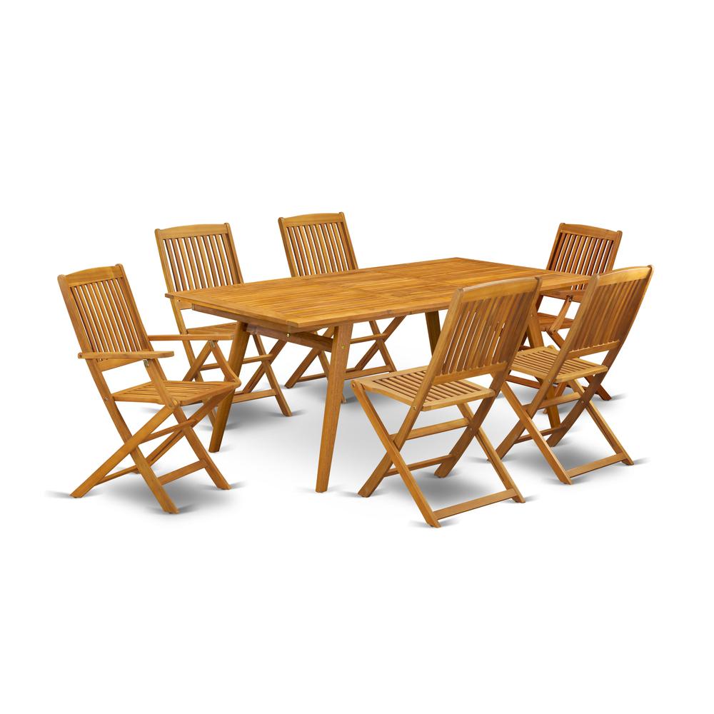 East West Furniture DECM72CANA 7-Pc Small Patio Set- 6 Coffee Chairs with Slatted Back and Outdoor Patio Dining Table and Rectangular Top with Wooden 4 legs - Natural Oil Finish