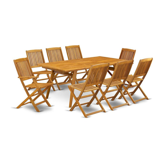 East West Furniture DECM92CANA 9-Piece Modern Table Set- 8 Arm Chairs with Slatted Back and Patio Table and Rectangular Top with Wooden 4 legs √¢‚Ç¨‚Äú Natural Oil Finish