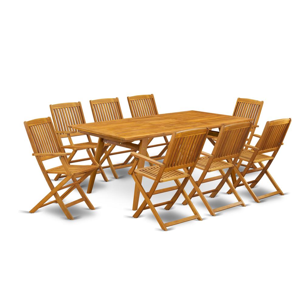 East West Furniture DECM9CANA 9-Pc Small Patio Table Set- 8 Outdoor Arm Chairs High Slatted Back and Small Outdoor Table and Rectangle Top with Wooden 4 legs - Natural Oil Finish