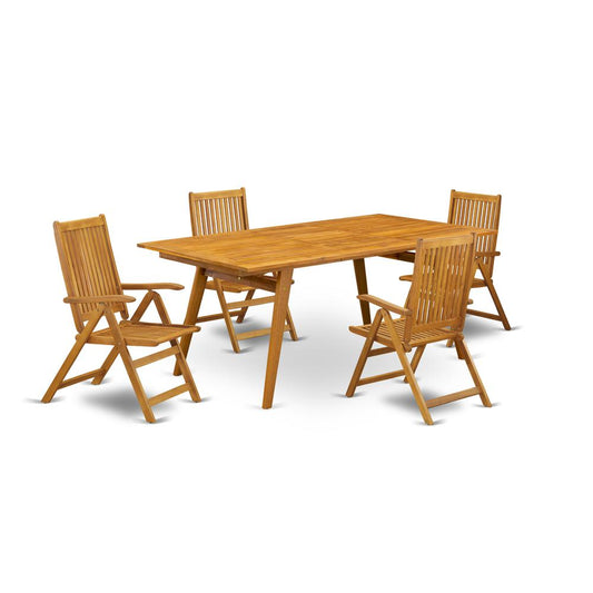 East West Furniture DECN5C5NA 5-Pc Small Patio Table Set- 4 Foldable Arm Chairs Slatted Back and Small Outdoor Table and Rectangular Top with Wood 4 legs - Natural Oil Finish