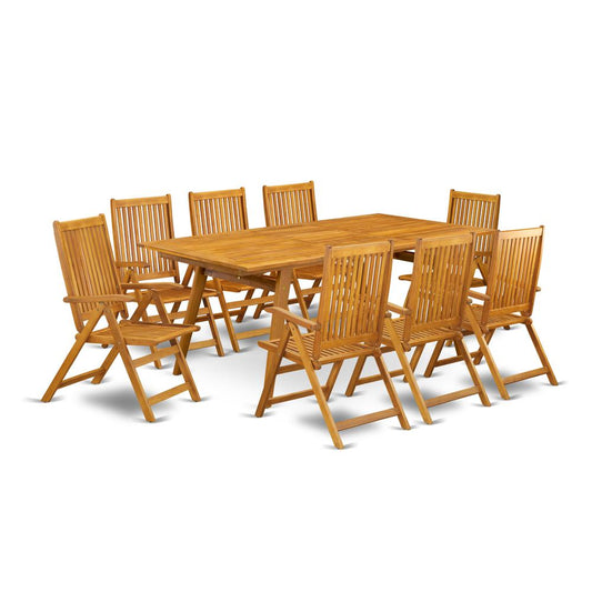 East West Furniture DECN9C5NA 9-Pc Outdoor Dining Table Set- 8 Folding Arm Chairs For Outside Slatted Back and Patio Table and Rectangle Top with Wood 4 legs - Natural Oil Finish