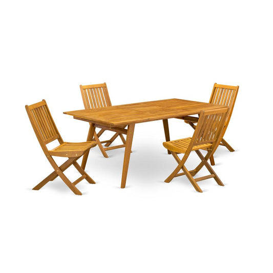 East West Furniture DEDK5CWNA 5-Piece Table Set- 4 Outdoor Chairs Slatted Back and Modern Coffee Table and Rectangular Top with Wood 4 legs - Natural Oil Finish