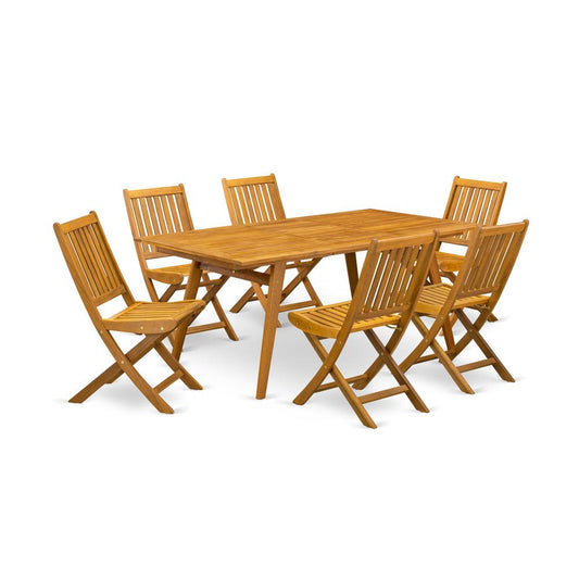 East West Furniture DEDK7CWNA 7-Piece Outdoor Set- 6 Foldable Chairs Slatted Back and Outdoor Table and Rectangle Top with Wood 4 legs - Natural Oil Finish