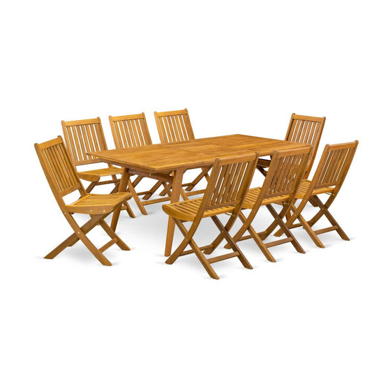 East West Furniture DEDK9CWNA 9-Pc Outdoor Table Set- 8 Outdoor Chairs Slatted Back and Modern Coffee Table and Rectangular Top with Wood 4 legs - Natural Oil Finish